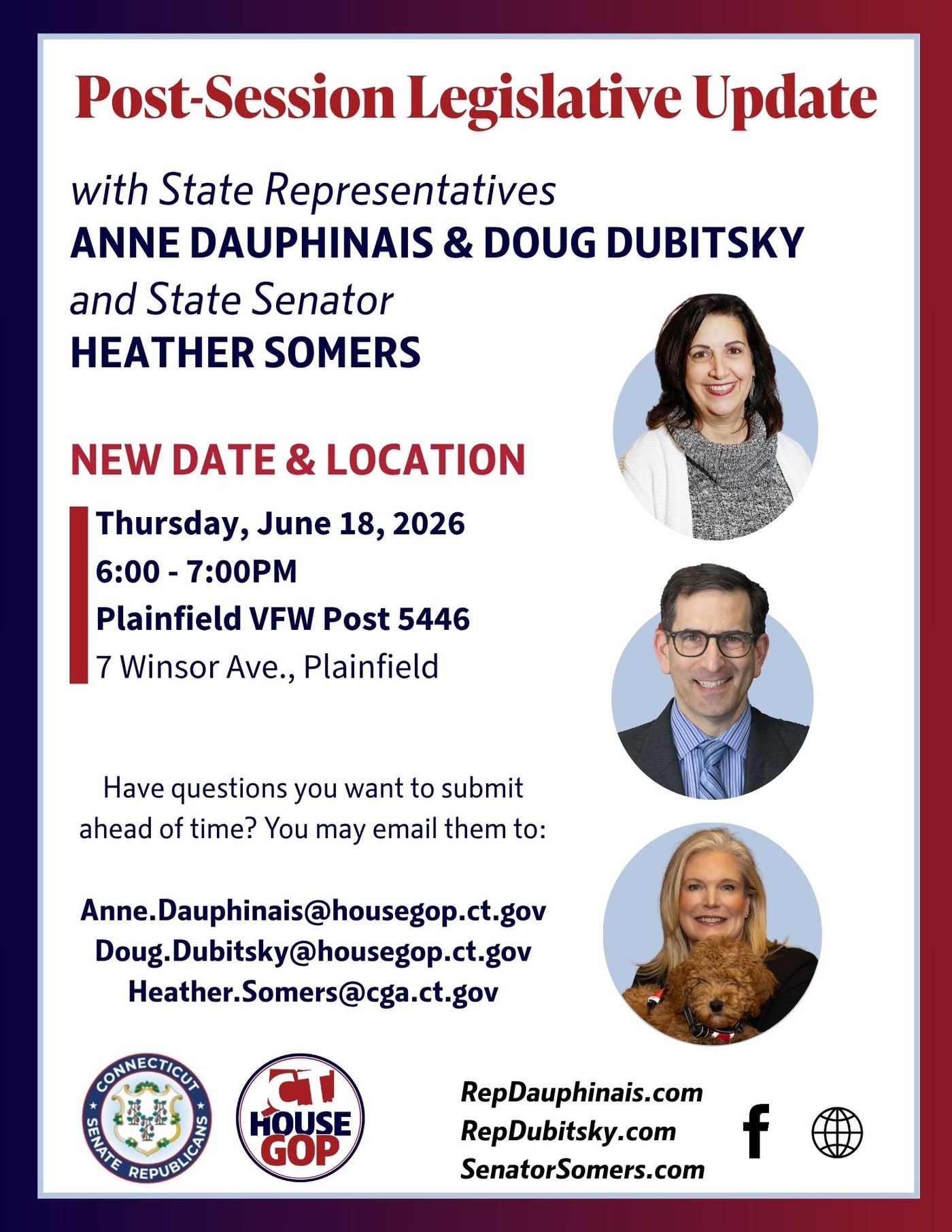 State Representatives Anne Dauphinais & Doug Dubitsky Along with State Senator Heather Somers to Host Post-Session Legislative Update in Plainfield on June 18th